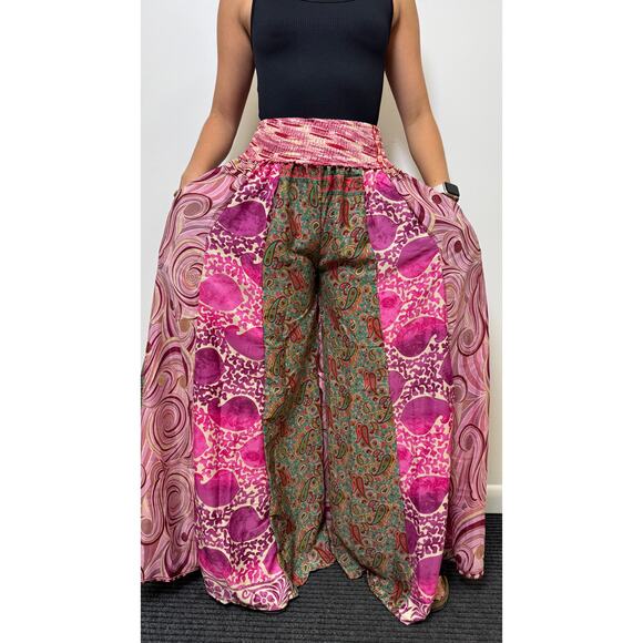 Mixed-print wide-leg trousers- One Size 100% Silk - Picture 1 of 5